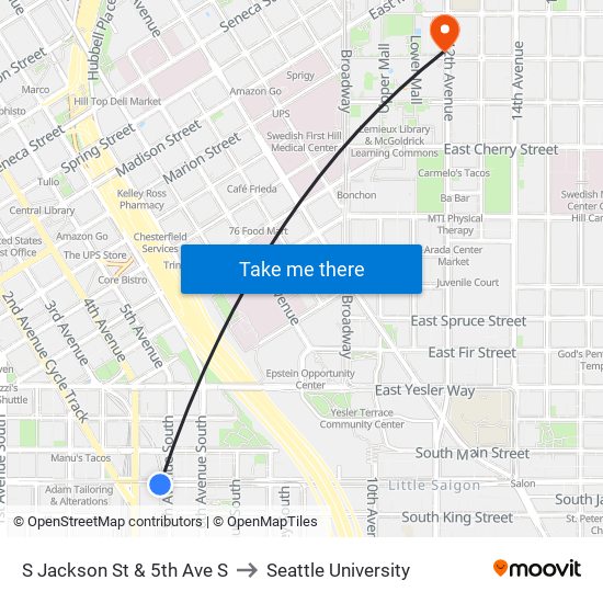 S Jackson St & 5th Ave S to Seattle University map