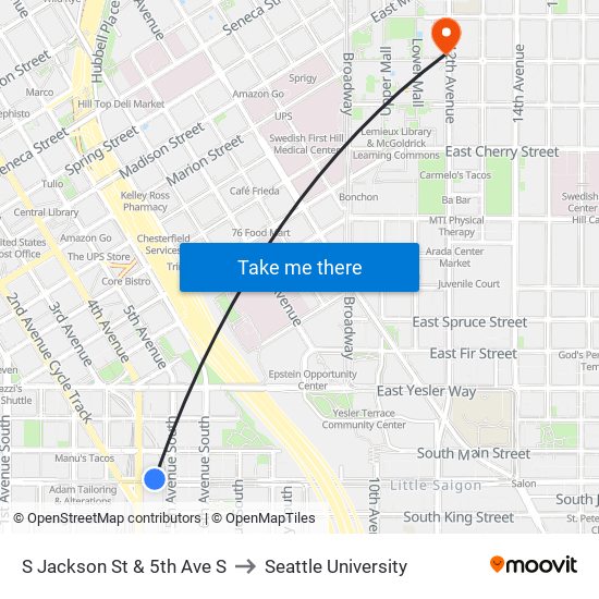 S Jackson St & 5th Ave S to Seattle University map