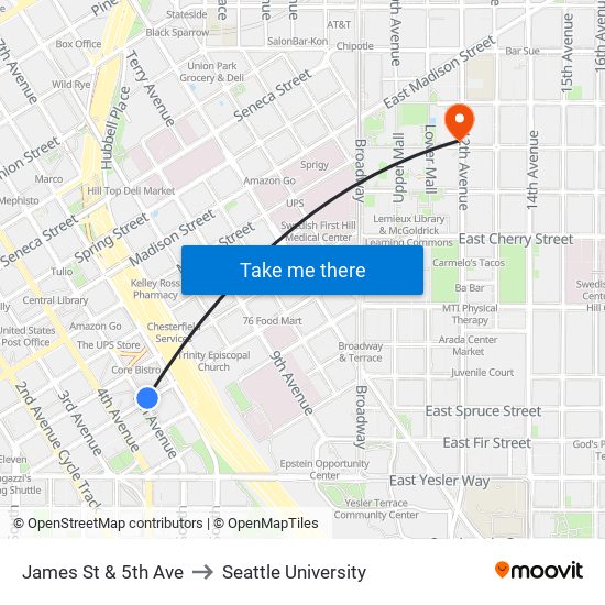 James St & 5th Ave to Seattle University map