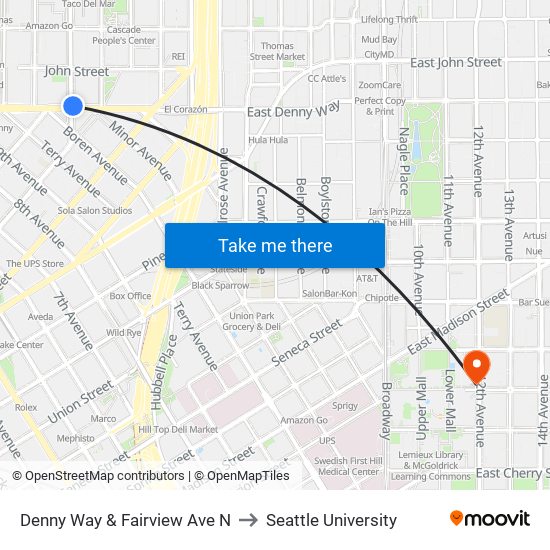 Denny Way & Fairview Ave N to Seattle University map