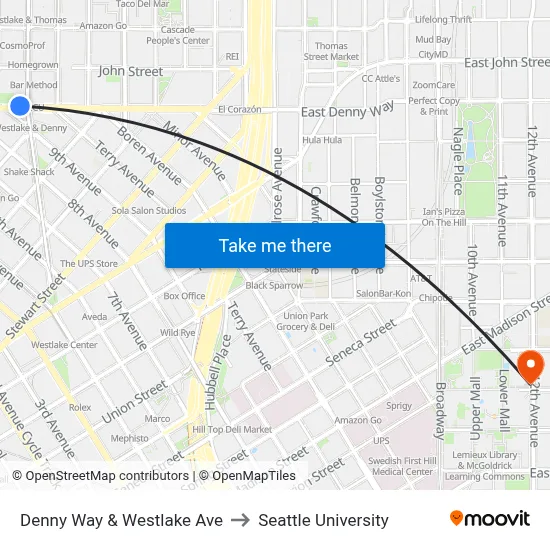 Denny Way & Westlake Ave to Seattle University map
