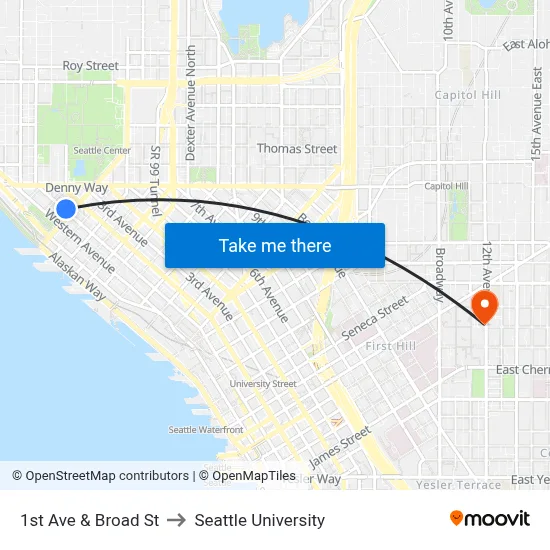 1st Ave & Broad St to Seattle University map