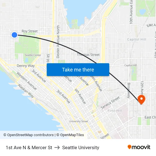 1st Ave N & Mercer St to Seattle University map