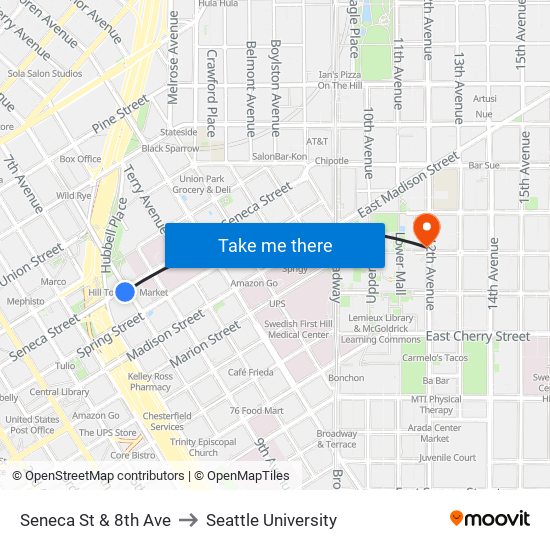 Seneca St & 8th Ave to Seattle University map