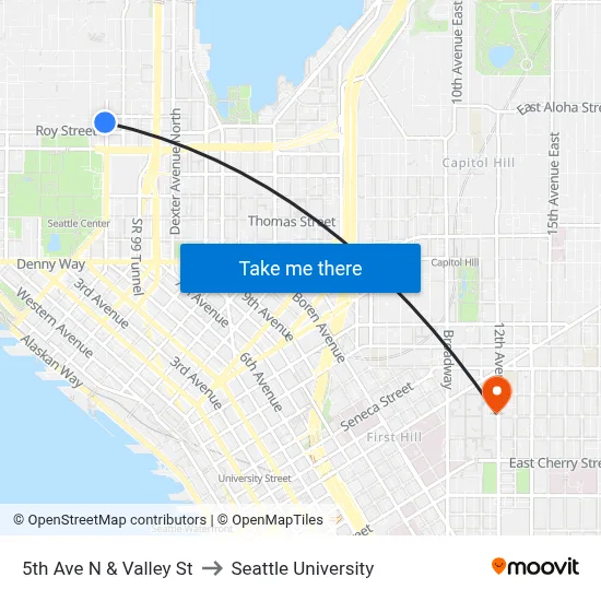 5th Ave N & Valley St to Seattle University map
