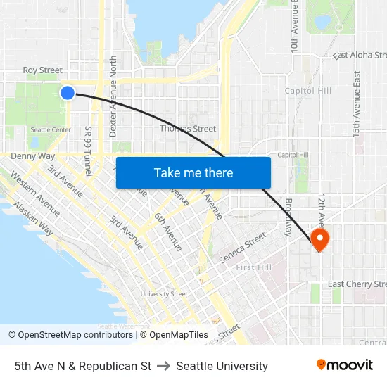 5th Ave N & Republican St to Seattle University map