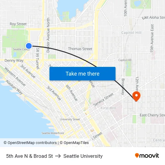 5th Ave N & Broad St to Seattle University map