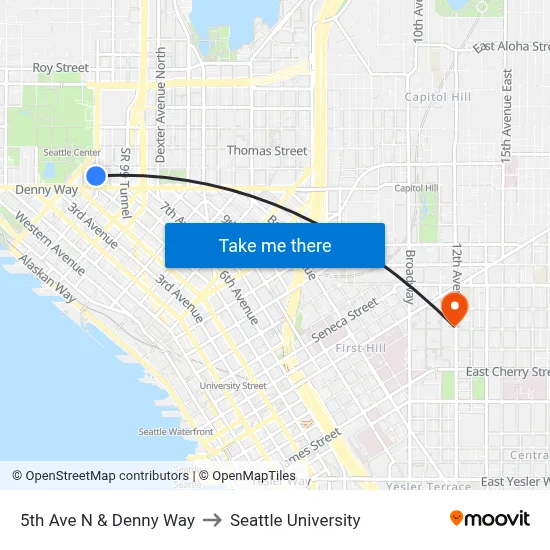 5th Ave N & Denny Way to Seattle University map