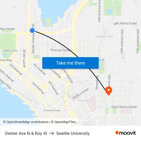 Dexter Ave N & Roy St to Seattle University map