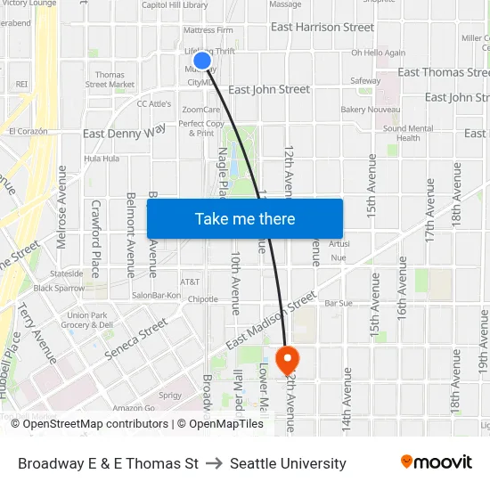 Broadway E & E Thomas St to Seattle University map