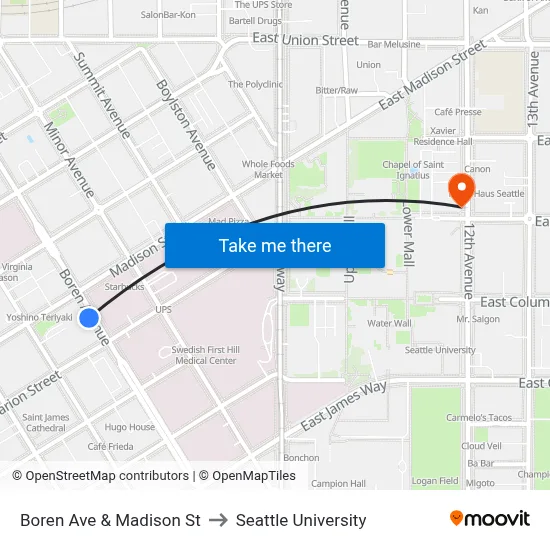 Boren Ave & Madison St to Seattle University map