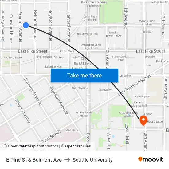 E Pine St & Belmont Ave to Seattle University map