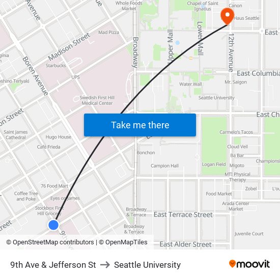 9th Ave & Jefferson St to Seattle University map