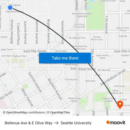 Bellevue Ave & E Olive Way to Seattle University map