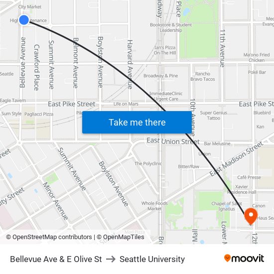 Bellevue Ave & E Olive St to Seattle University map