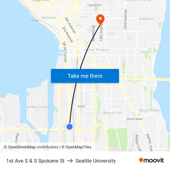 1st Ave S & S Spokane St to Seattle University map