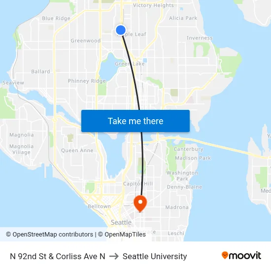 N 92nd St & Corliss Ave N to Seattle University map