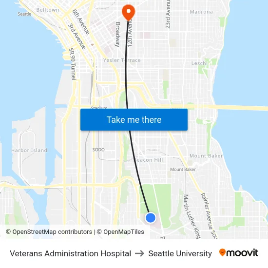 Veterans Administration Hospital to Seattle University map