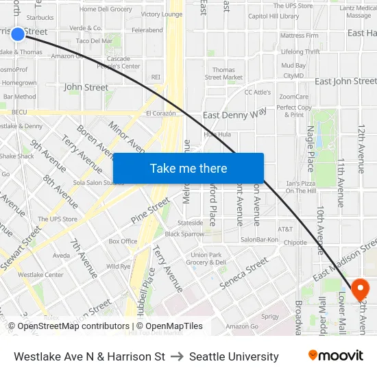 Westlake Ave N & Harrison St to Seattle University map