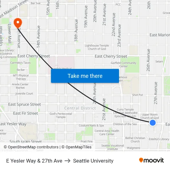 E Yesler Way & 27th Ave to Seattle University map