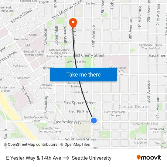 E Yesler Way & 14th Ave to Seattle University map