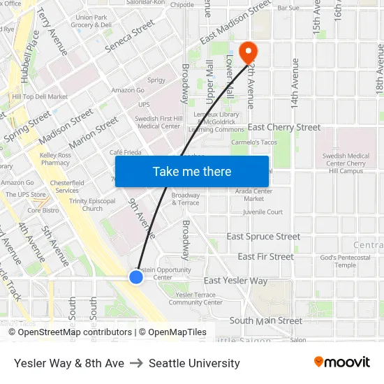 Yesler Way & 8th Ave to Seattle University map