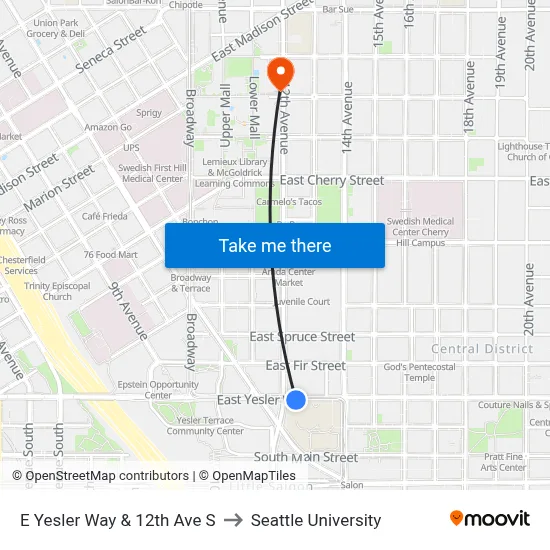 E Yesler Way & 12th Ave S to Seattle University map