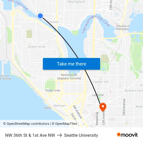 NW 36th St & 1st Ave NW to Seattle University map