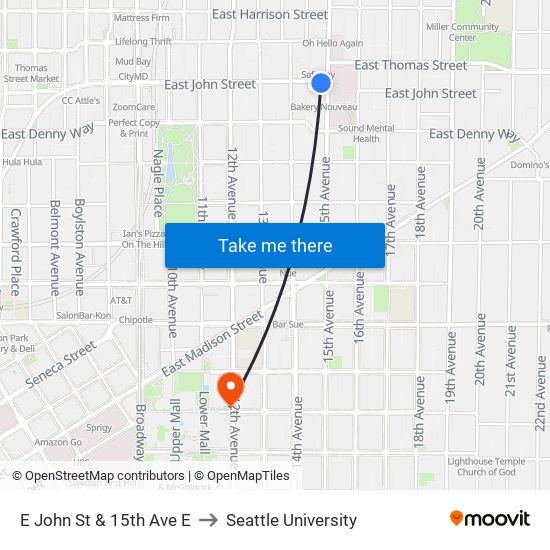 E John St & 15th Ave E to Seattle University map
