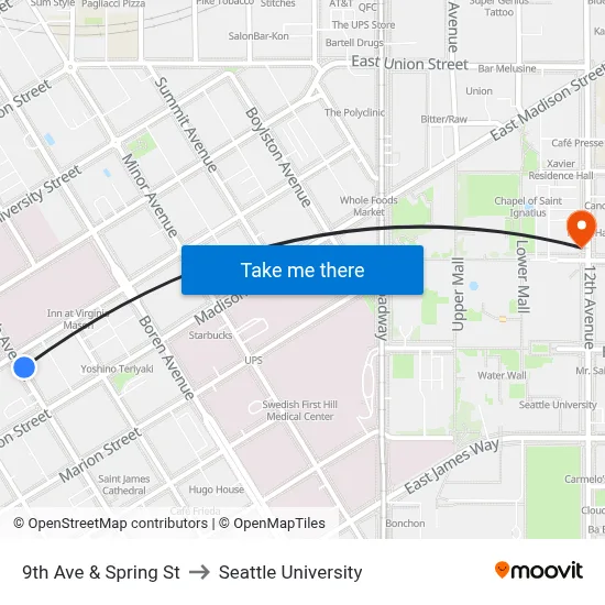 9th Ave & Spring St to Seattle University map
