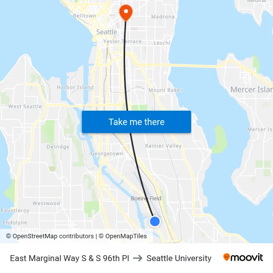 East Marginal Way S & S 96th Pl to Seattle University map