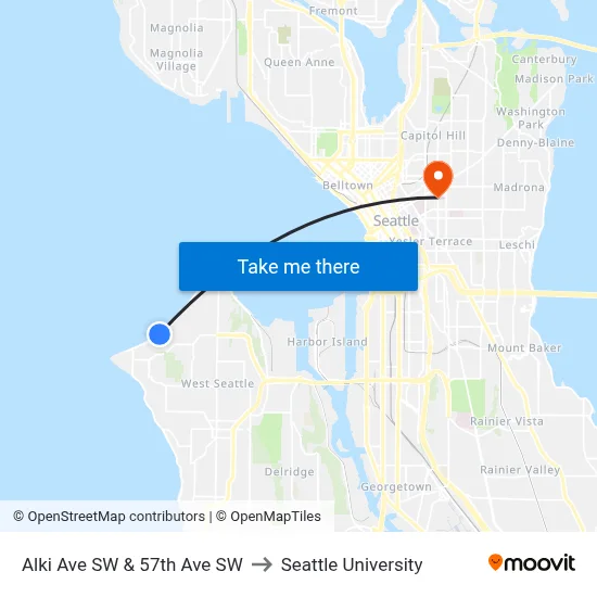 Alki Ave SW & 57th Ave SW to Seattle University map
