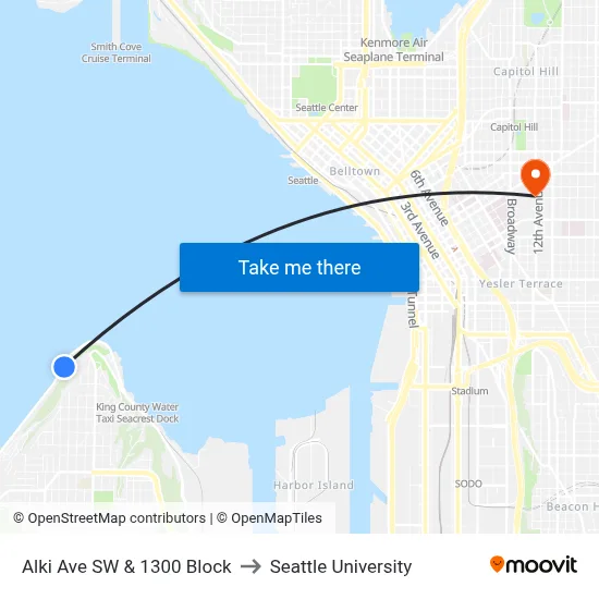 Alki Ave SW & 1300 Block to Seattle University map