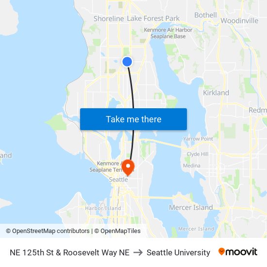 NE 125th St & Roosevelt Way NE to Seattle University map