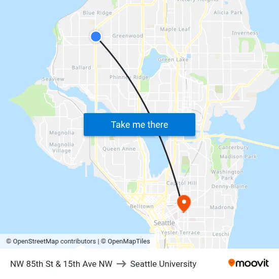 NW 85th St & 15th Ave NW to Seattle University map
