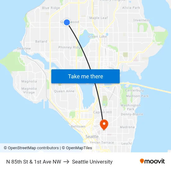 N 85th St & 1st Ave NW to Seattle University map