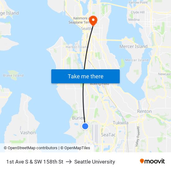 1st Ave S & SW 158th St to Seattle University map