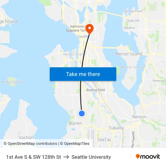 1st Ave S & SW 128th St to Seattle University map