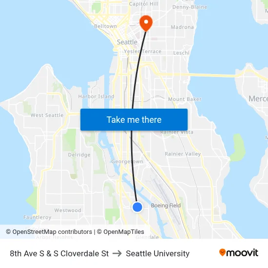 8th Ave S & S Cloverdale St to Seattle University map