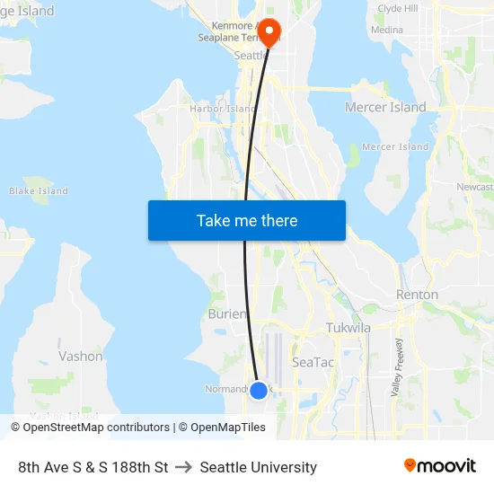 8th Ave S & S 188th St to Seattle University map