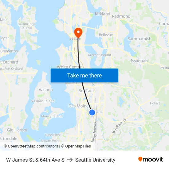 W James St & 64th Ave S to Seattle University map