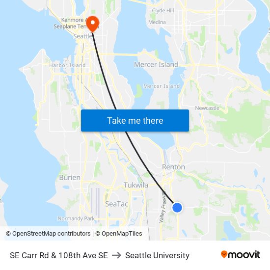 SE Carr Rd & 108th Ave SE to Seattle University map