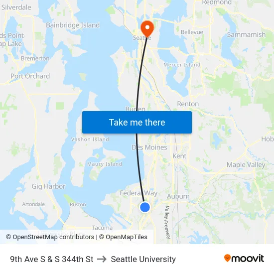 9th Ave S & S 344th St to Seattle University map
