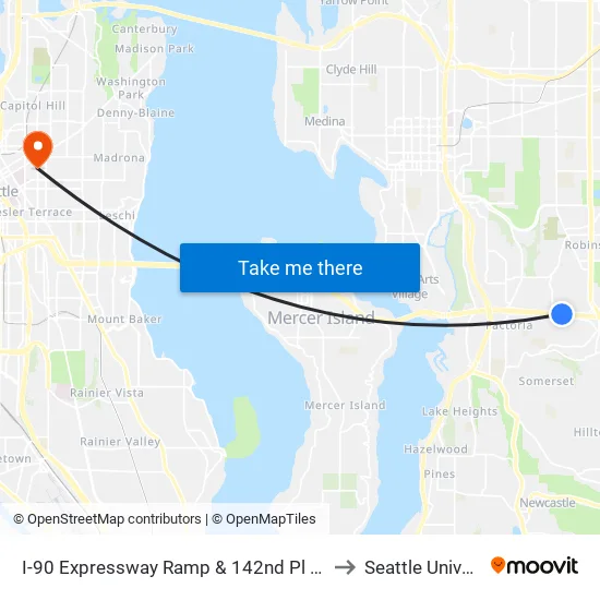 I-90 Expressway Ramp & 142nd Pl SE - Bay 3 to Seattle University map