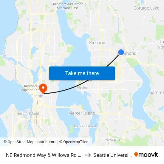 NE Redmond Way & Willows Rd NE to Seattle University map