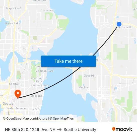 NE 85th St & 124th Ave NE to Seattle University map