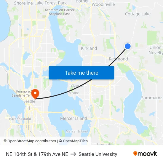 NE 104th St & 179th Ave NE to Seattle University map