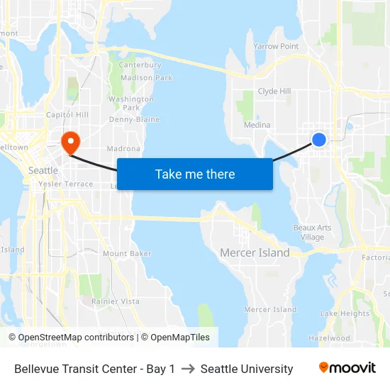 Bellevue Transit Center - Bay 1 to Seattle University map