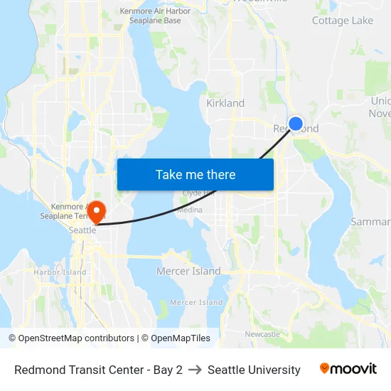 Redmond Transit Center - Bay 2 to Seattle University map