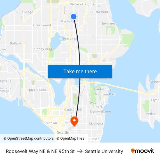 Roosevelt Way NE & NE 95th St to Seattle University map